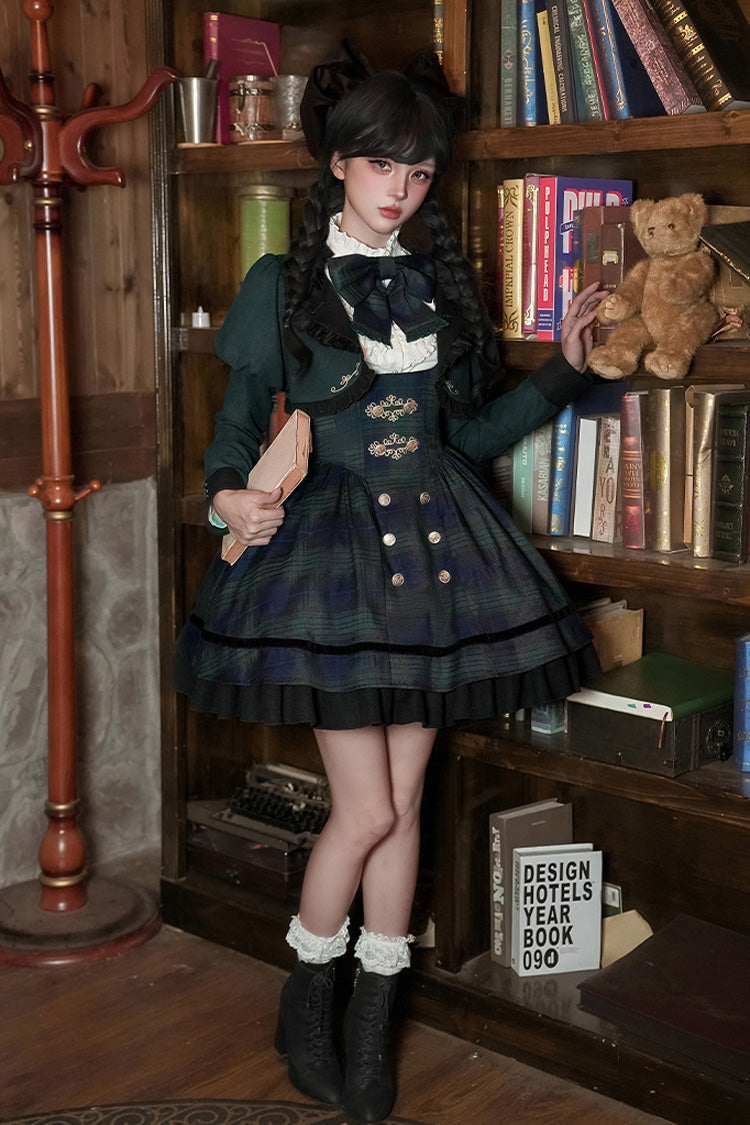 Blue Green Berlin Letter Double-Layered Plaid Print Ruffle Bowknot Classic College Style Lolita Strap Dress Set