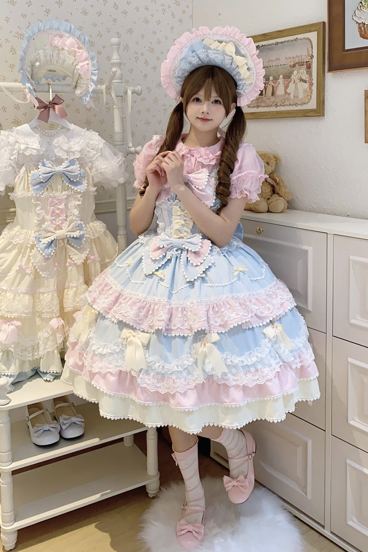 Blue Pink Fondant Cake Sleeveless Layered Ruffle Bow Lace Sweet Jsk Dress
