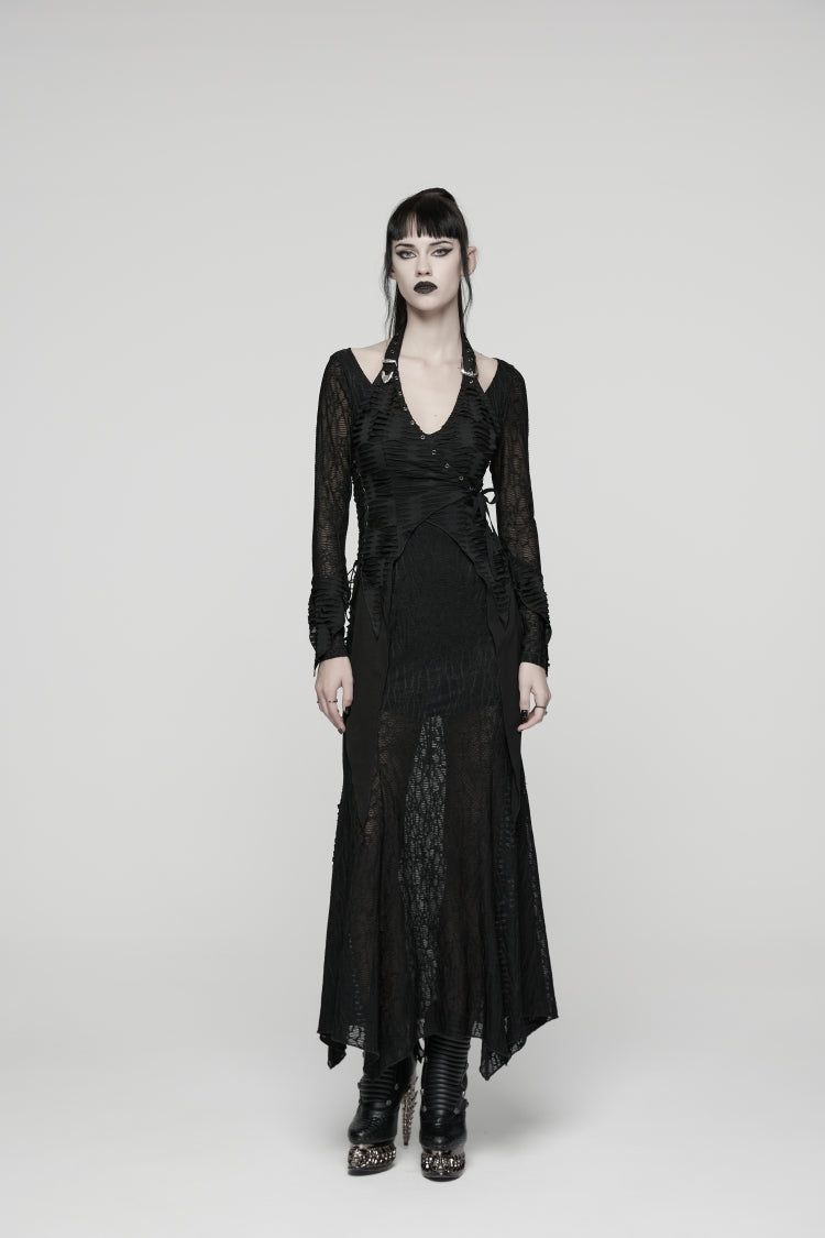 Off Shoulder Halterneck Long Trumpet Sleeves Lace Lace-Up Gothic Punk Dress