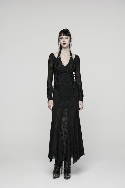 Off Shoulder Halterneck Long Trumpet Sleeves Lace Lace-Up Gothic Punk Dress