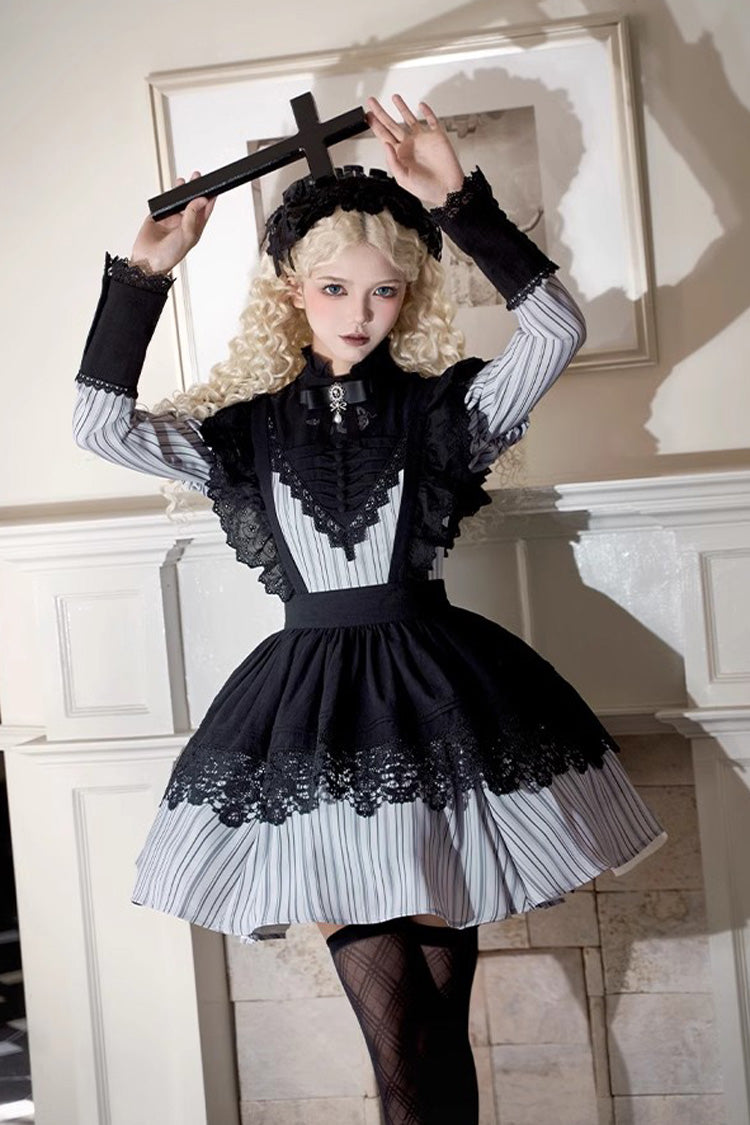 Grey Vertical-Stripe Bow Lace Gothic Gown
