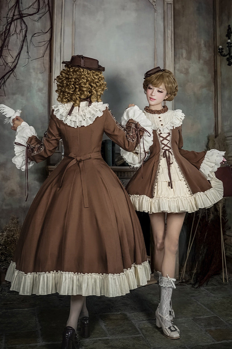 Brown Beige Nutcracker Stand Collar Long Trumpet Sleeves Ruffle Cardigan Lace-Up Sweet Lolita Dress Set