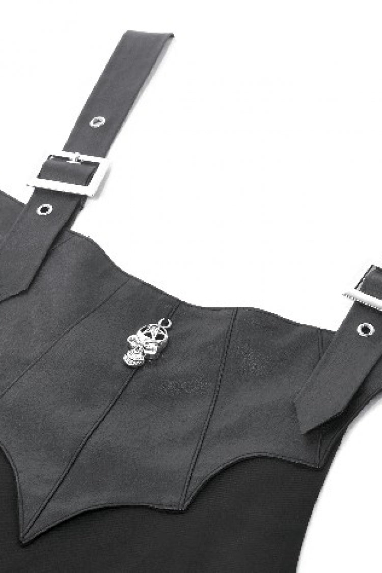 Bat Wing Buckled Gothic Suspender Dress Graduation Dress with Tail