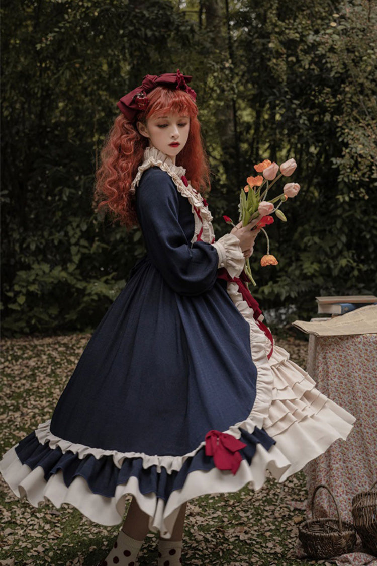 Teal Round Collar Long-Sleeve Multi-Layer Ruffled Sweet Lolita One-Piece