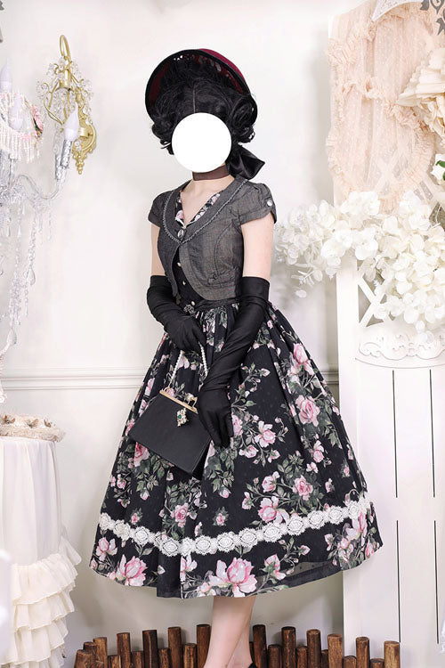 Black French Rose Floral Print V-Neck Sleeveless Ruffled Classic Lolita JSK Dress - Altfashion Shop