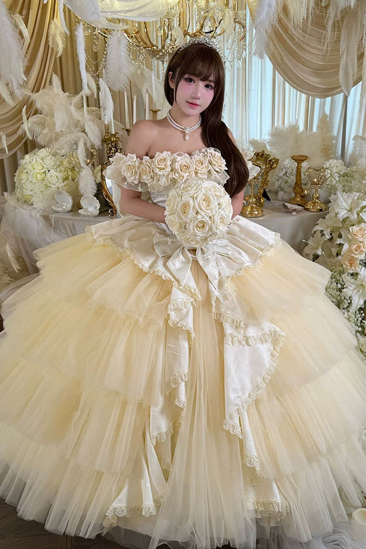 Apricot Sweet Lolita JSK Long Dress with Ruffled Hanayome Bow Lace-Up and Sleeveless Design