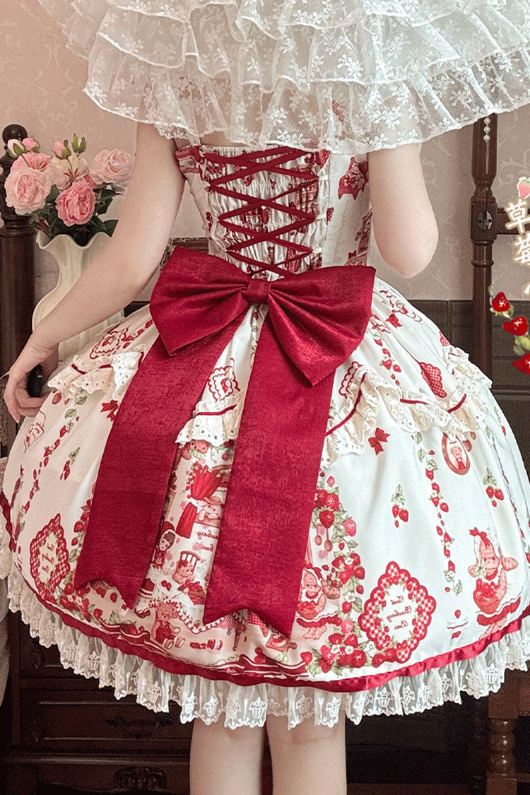 Strawberry Bear Print Sleeveless Lolita JSK with Lace