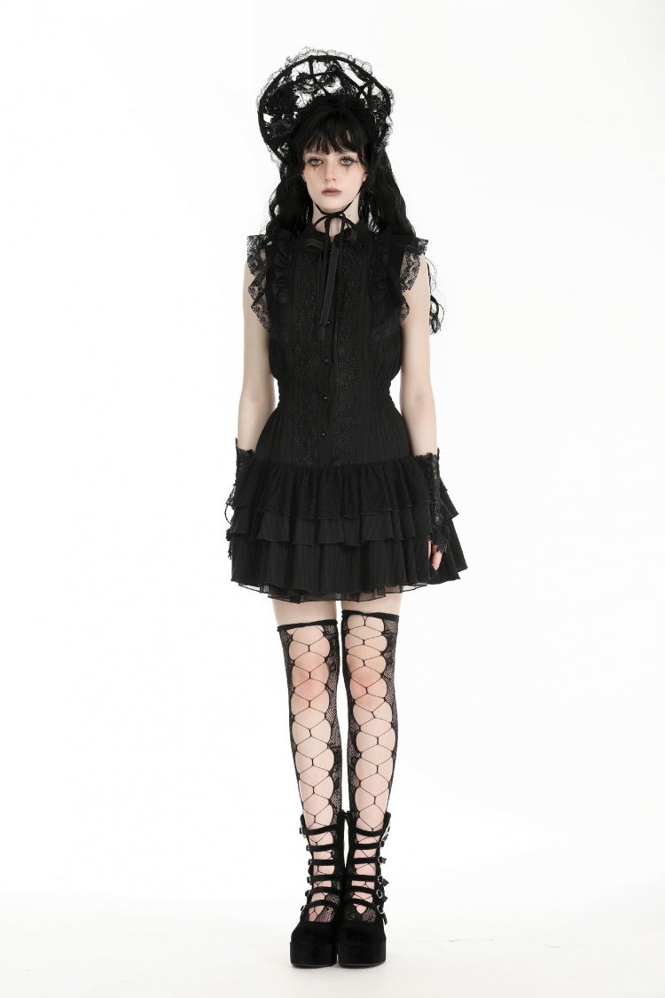 Gothic Sleeveless Black Lace Bow-Accented High-Neck Triple-Tiered Hem Long Dress