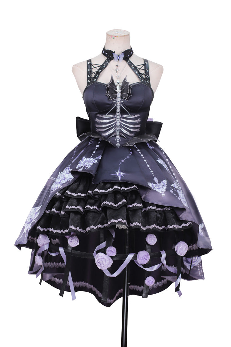 Black Feast of Bones Halterneck Multi-Layered Ruffled Lace Gothic Elegant JSK