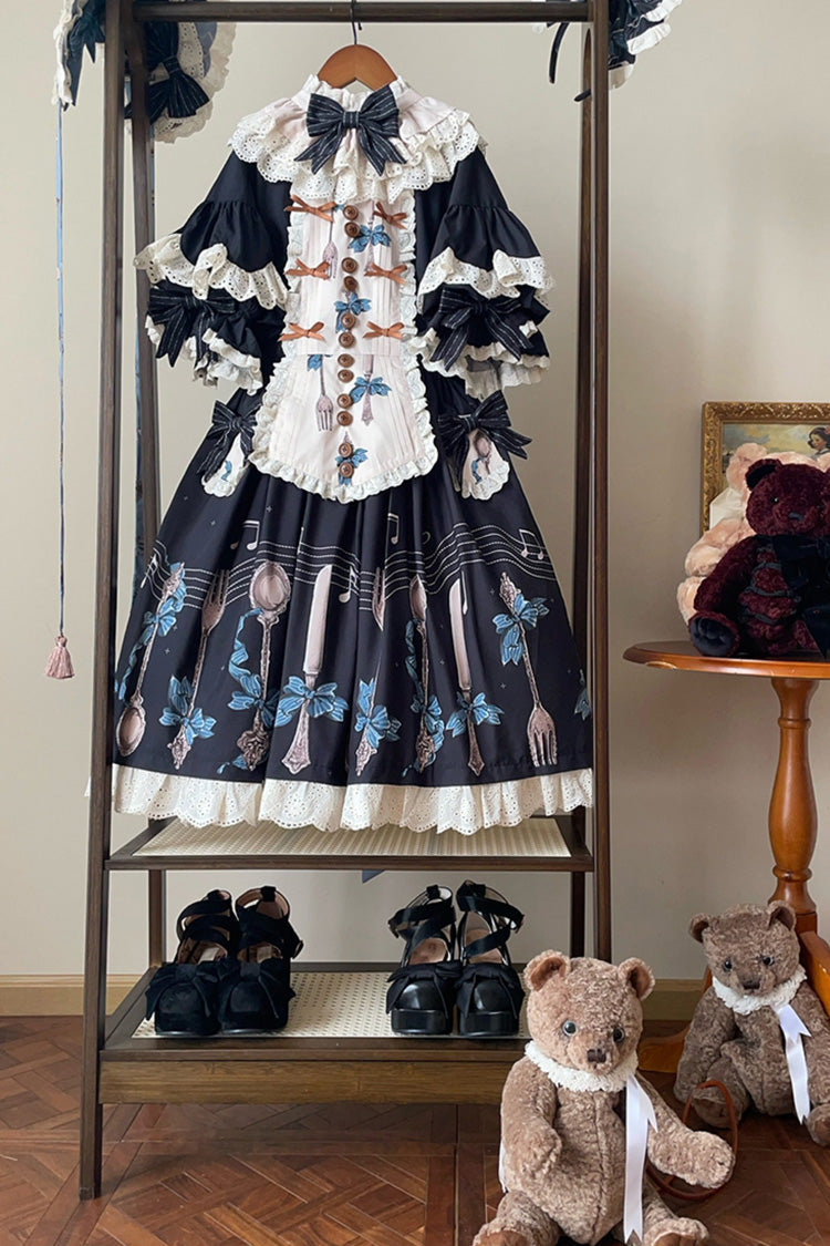 Navy Witch's Banquet Round-Collar Short-Sleeve Printed Ruffled Embroidered Bow Lace Sweet Lolita JSK