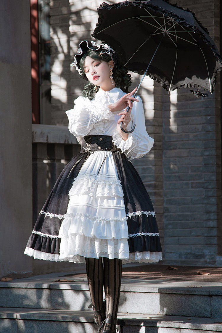 White/Black Gothic Lolita Skirt Dress Stitching Cardigan Ruffled - Altfashion Shop