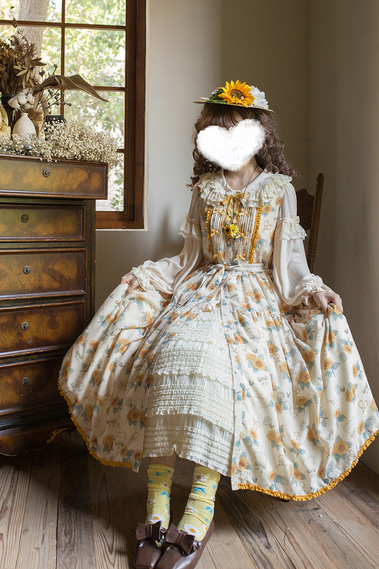 Apricot Sweet Elegant Lolita JSK Dress with Sleeveless Print Ruffles and Bowknot Accents