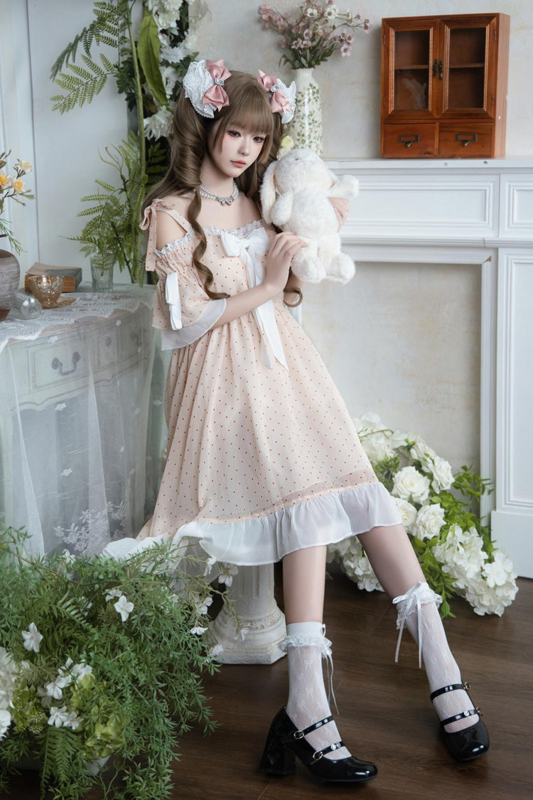 Off Shoulder Short Sleeve Polka Dot Printed Ruffled Bow Lace Palace Dress - Pink