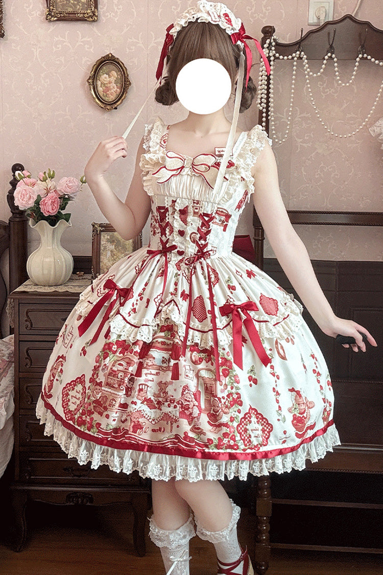 Strawberry Bear Print Sleeveless Lolita JSK with Lace