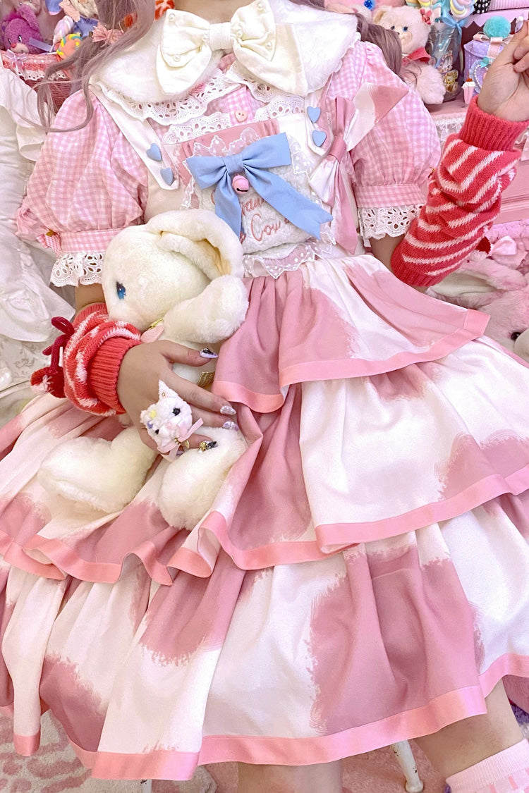 Pink Sleeveless Cow-Print Triple-Layer Ruffle Bow Sweet JSK Dress