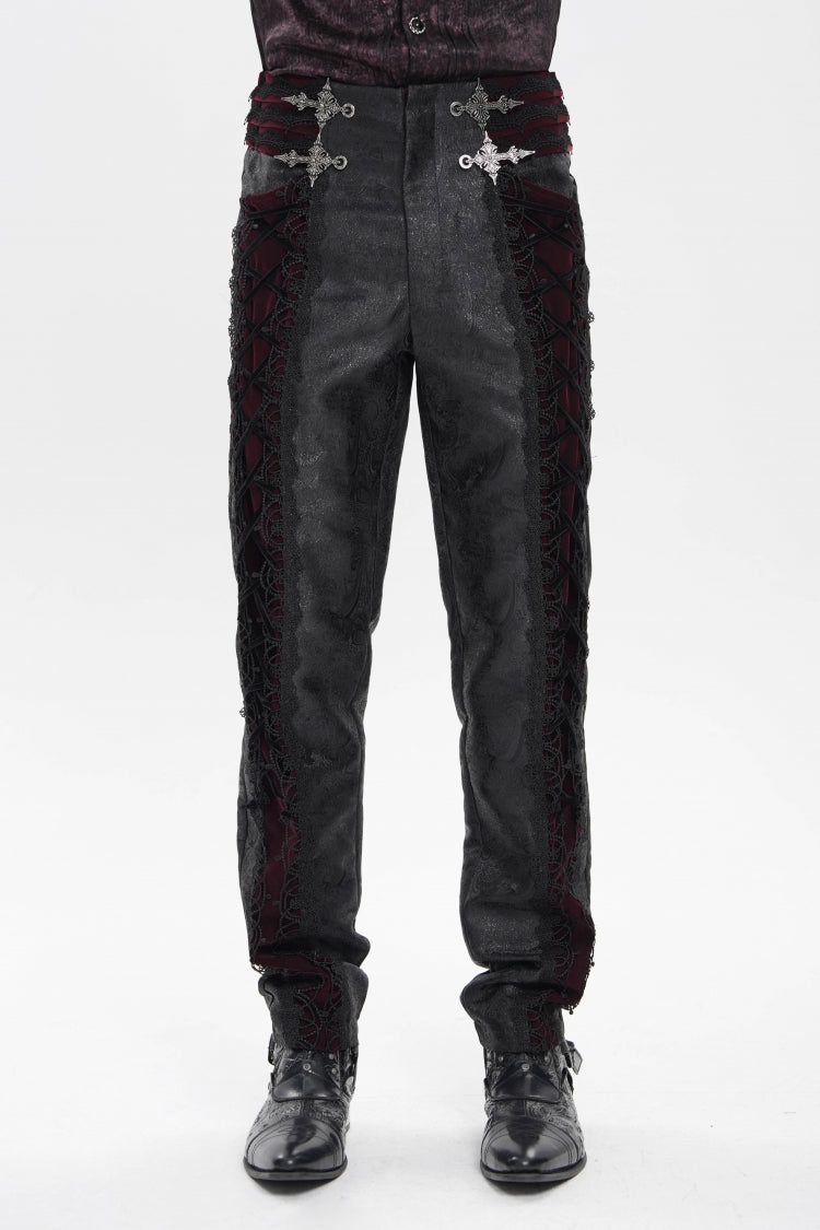 Crimson & Noir Jacquard Lace-Up Slim Velvet Palazzo Trousers for Men