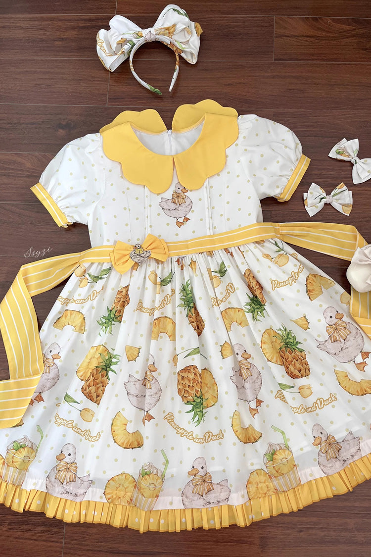 Creamy Ivory and Gold Duck Motif Puffed Sleeve One-Piece Lolita Gown