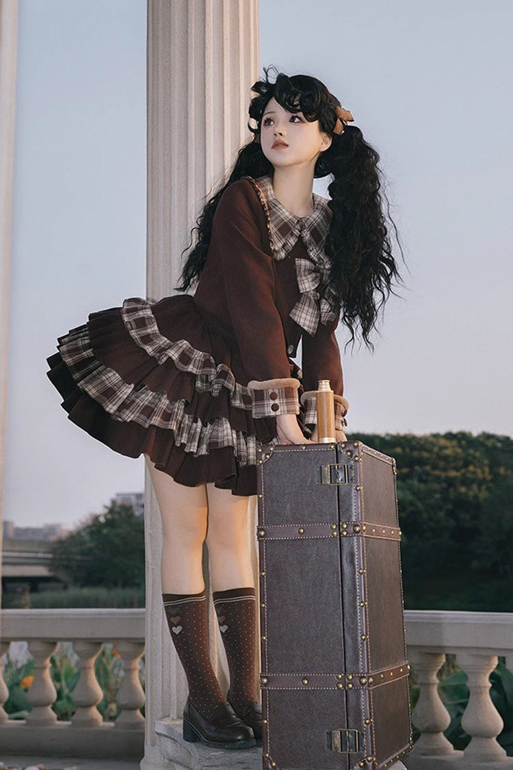 Chocolate Multi-Layer Bowknot College Autumn-Winter Princess Sweet Lolita Skirt Set