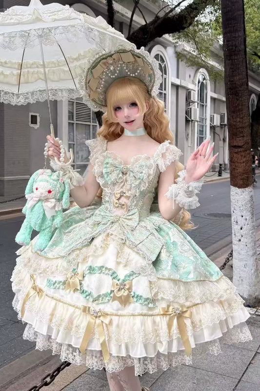 Gilded Waltz Square Collar Sleeveless Printed Embroidered Bow Lace Sweet JSK - Green