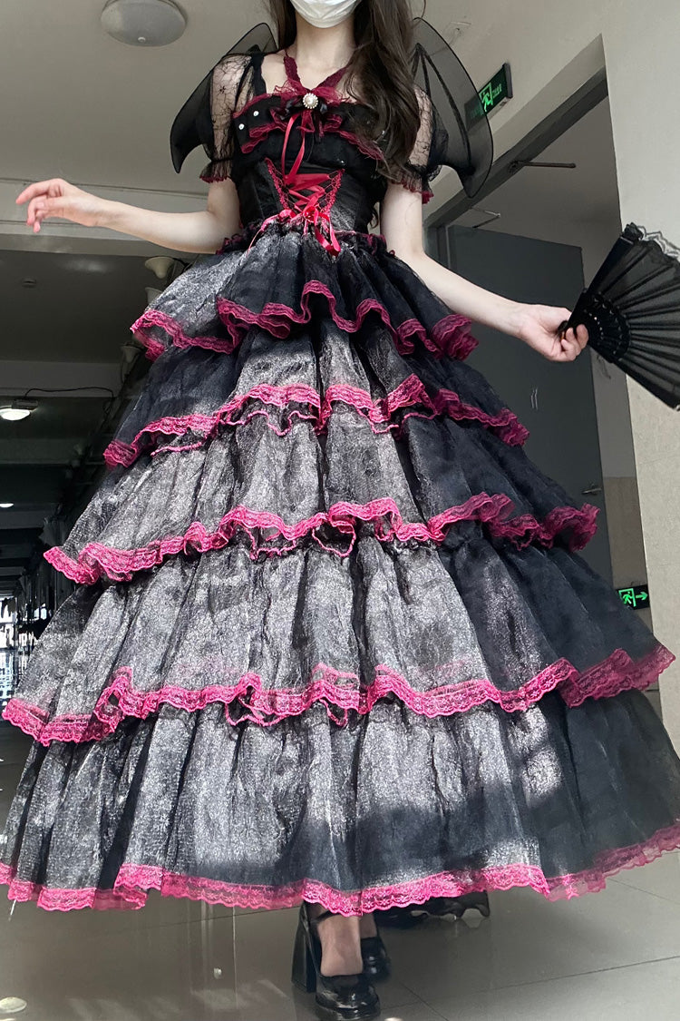 Black/Red Short Sleeves Multi-Layered Ruffled Bow Lace Plus Size Sweet Lolita Dress - Miss Brown
