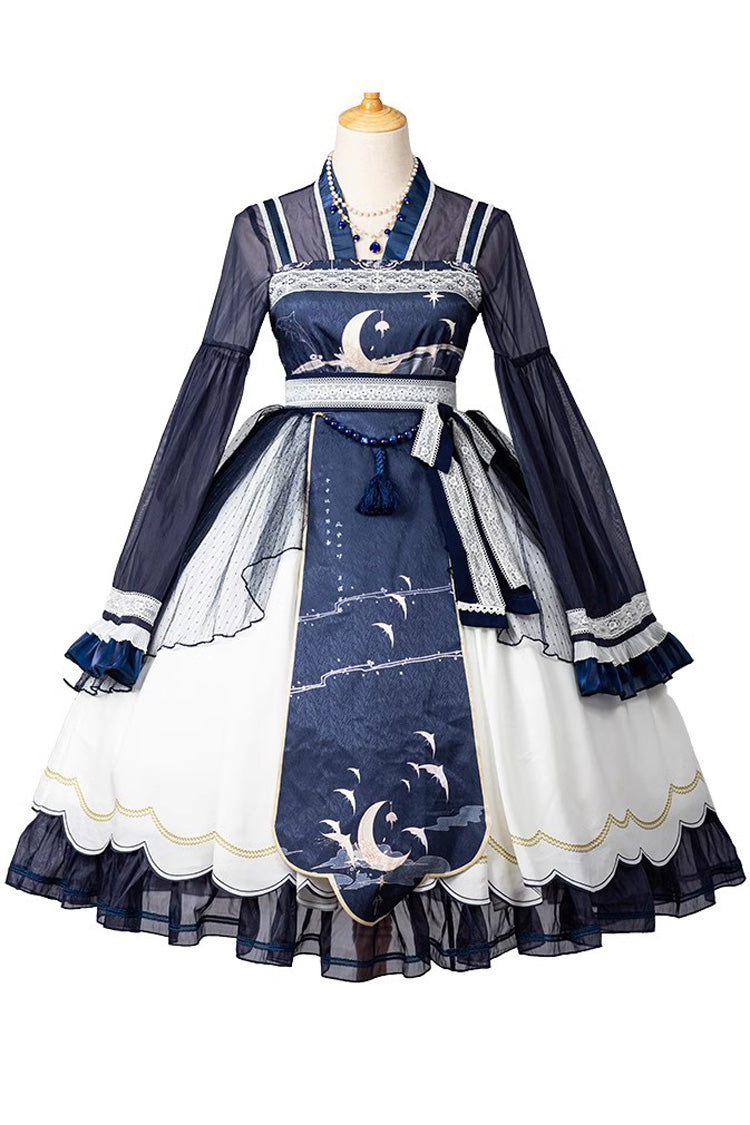 Chinese Style Lolita JSK Dress with Oriole Print and Ruffles - Night and the Oriole, 2 Tones