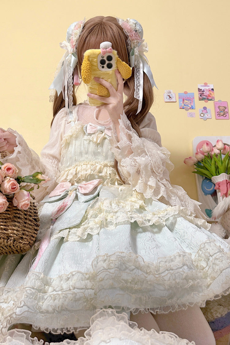 Good Night Peach Sleeveless Multi-Tiered Ruffled Bow Lace Sweet Chinese Style Lolita Jumper Dress Three Colors