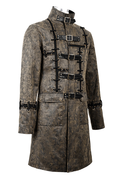 Cocoa Steampunk Patch Long Leather Overcoat for Men