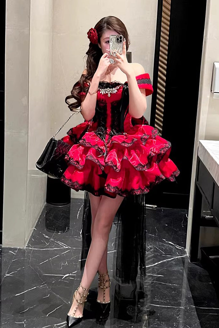 Sweet Lolita JSK Dress with Ruffled Lace and Lace-Up Back - Red