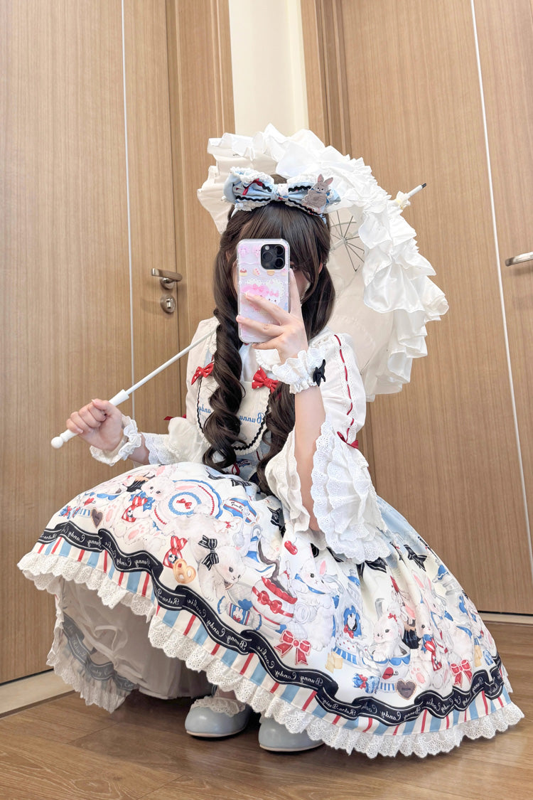 Sleeveless Print Ruffle Bowknot Lace Sweet Lolita Jsk Dress Beige