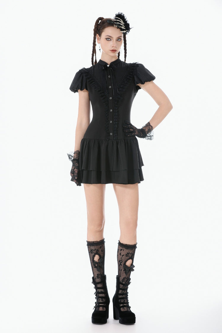 Pleated Bow Lace-Up Short Sleeve Gothic Lolita Dress - Black
