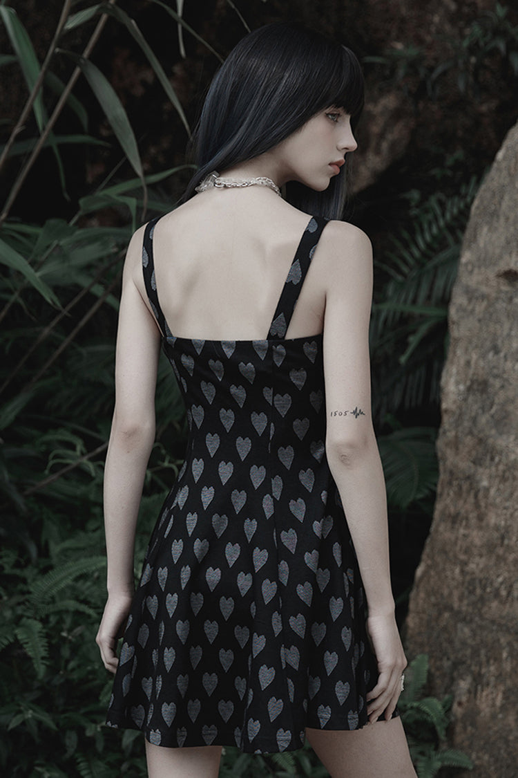 Heart Print Suspender Hollow Mesh PU Buckle Bow Dress - Punk