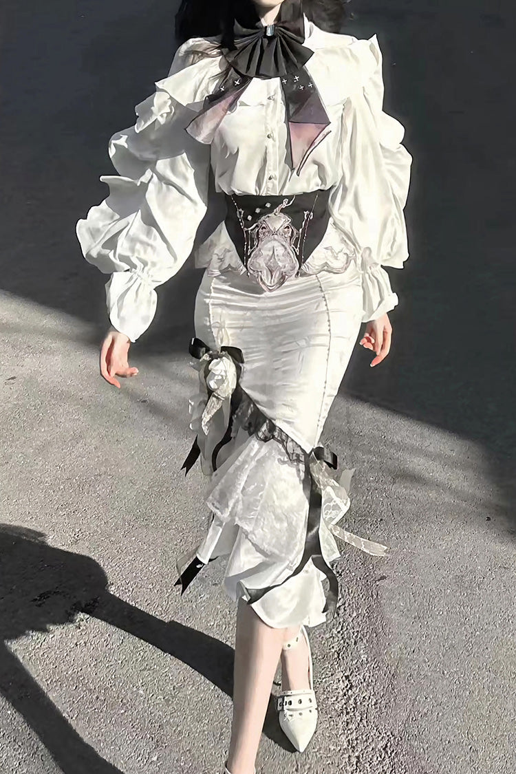Ivory Jacquard Embroidered Irregular Skirt with Bow - Star Gate