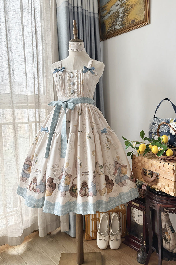 Cream Midsummer Bunny Bear Printed Bow Frilled Sweet Lolita Dress Two Variants