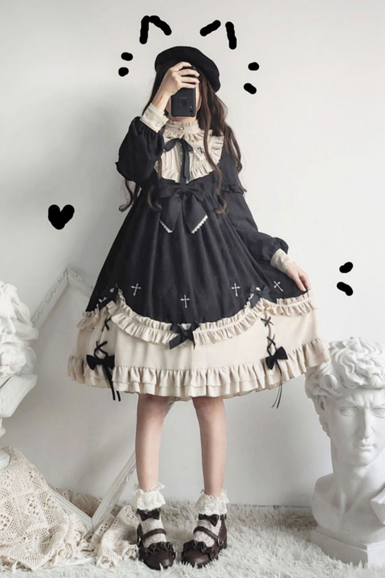 Jet Crewneck Chest Bow Cross Print Ruffled Sweet Lolita OP Dress Plus Size