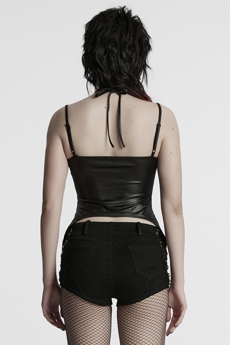 Deep Black Plunging Lace-Up Irregular Sleeveless Halter Punk Top