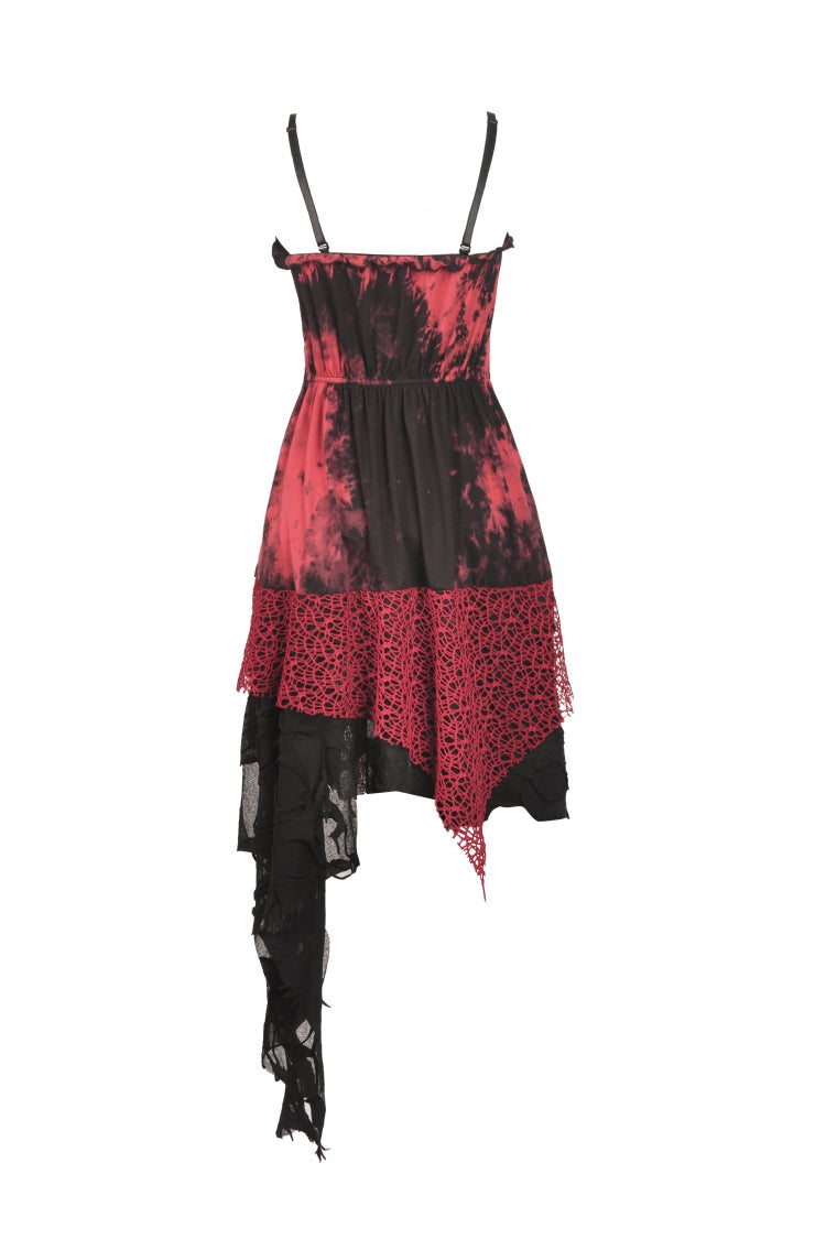 Crimson & Noir Tie-Dye Patchwork Punk Slip Dress with Irregular Hem