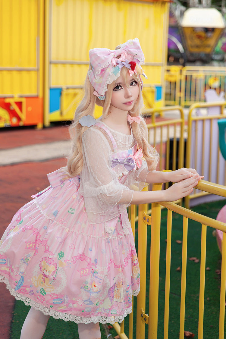 Pink Sleeveless Sweet Lolita JSK Dress Square Collar Bow Print - Macarons Dolly House