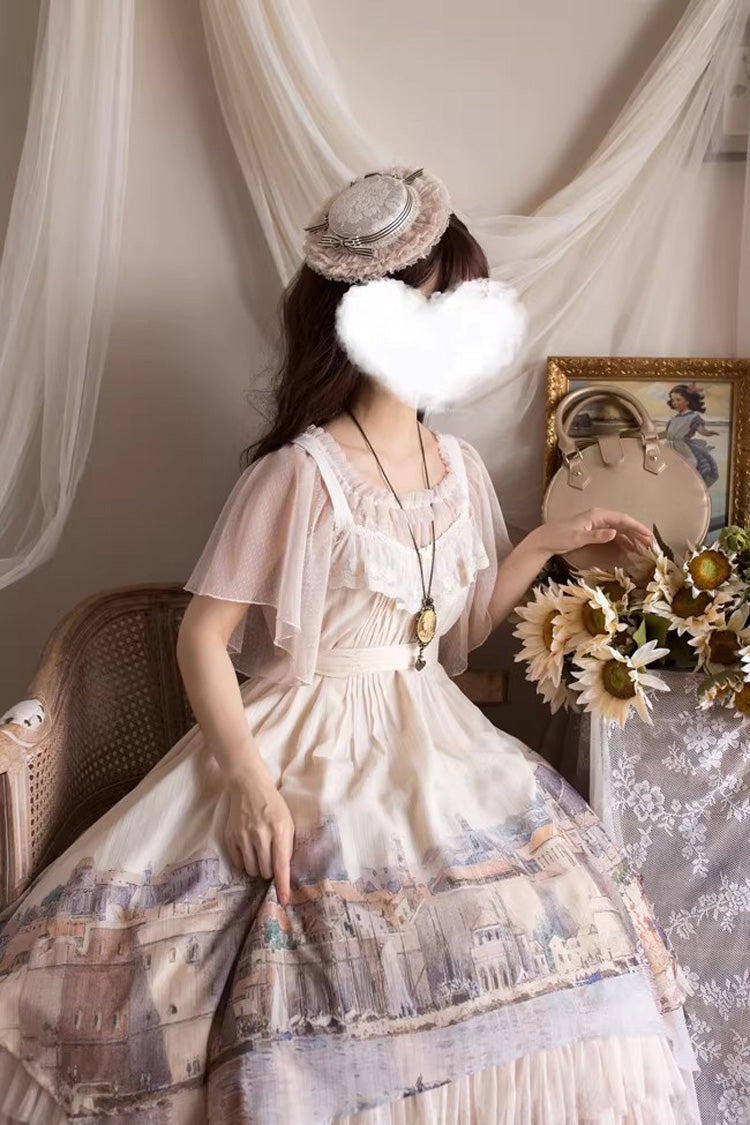 Irregular Apricot Layered Print Sweet Lolita JSK Dress