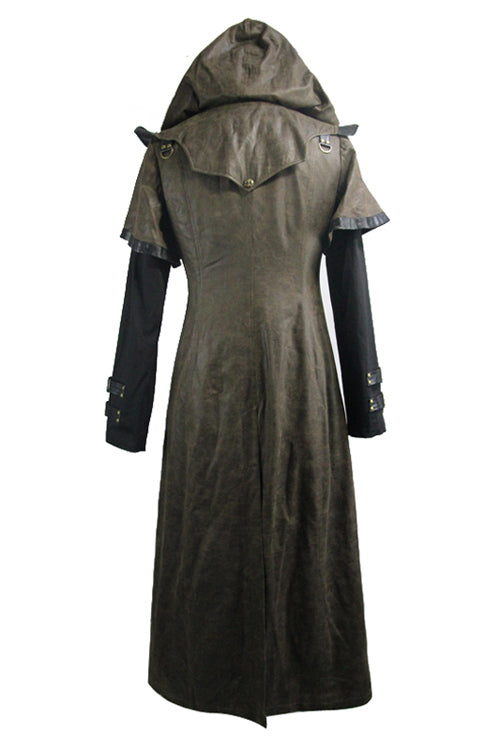 Steampunk Hooded Leather Coat with Dual Sleeves, Brown