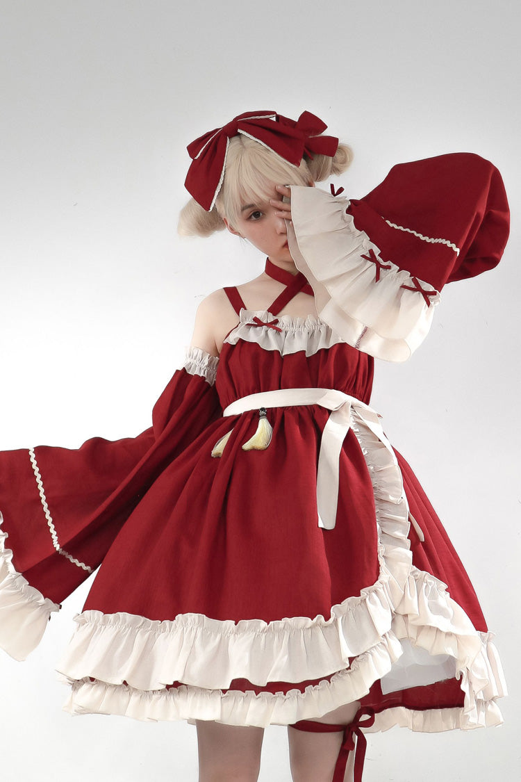 Sleeveless High Waist Ruffle Bow Asymmetric Gothic Lolita Jumper Dress - Red