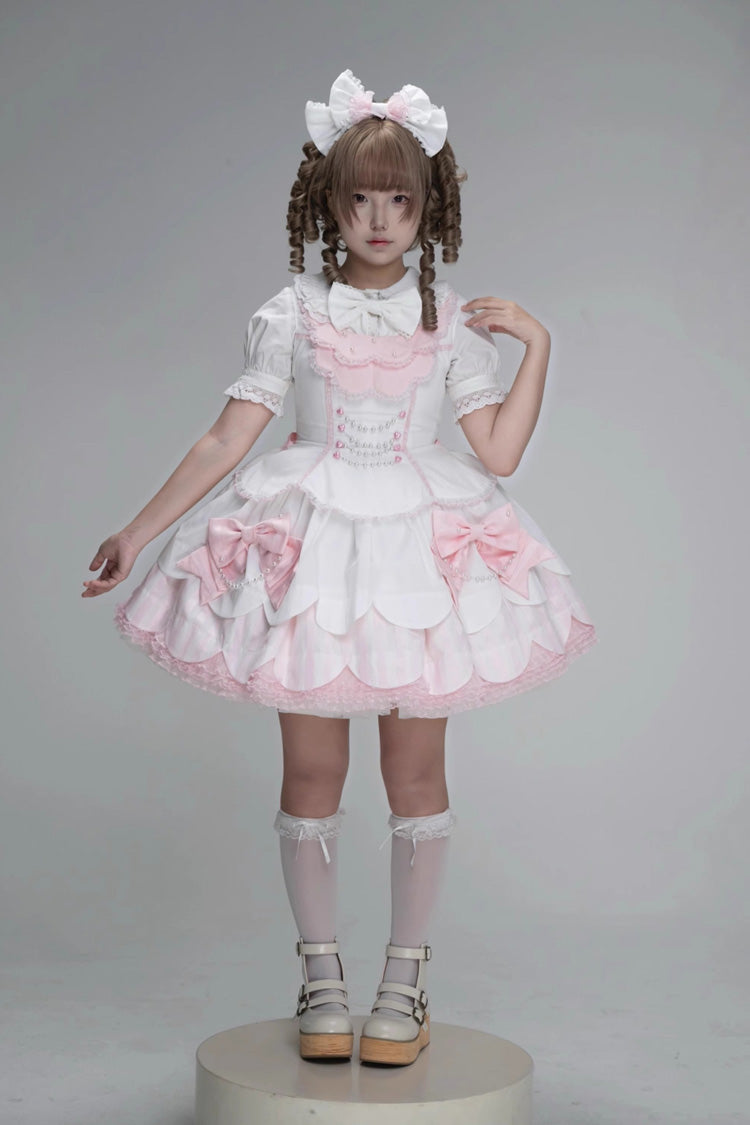 Pale Pink & White Sleeveless Multi-Layer Ruffled Bow Lace Pearl Sweet Lolita JSK