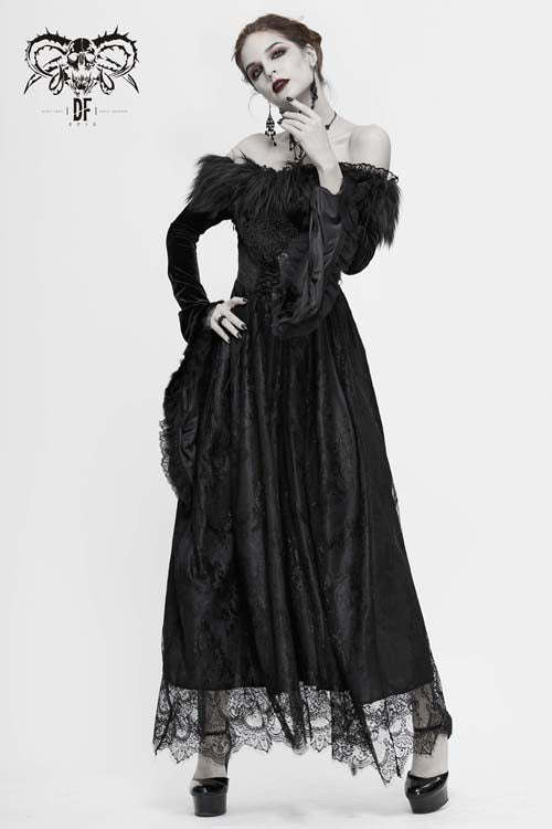 Formal Gothic Gown with Pleated Skirt and Fur Collar
