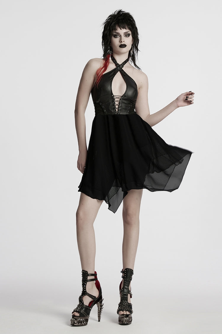 Party-Ready Black Lace-Up Irregular Halter Punk Dress