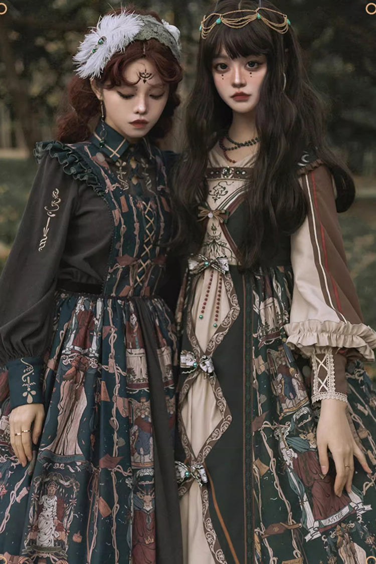 Tarot Print Puff-Sleeved Lolita Dress with Ruffles & Bow