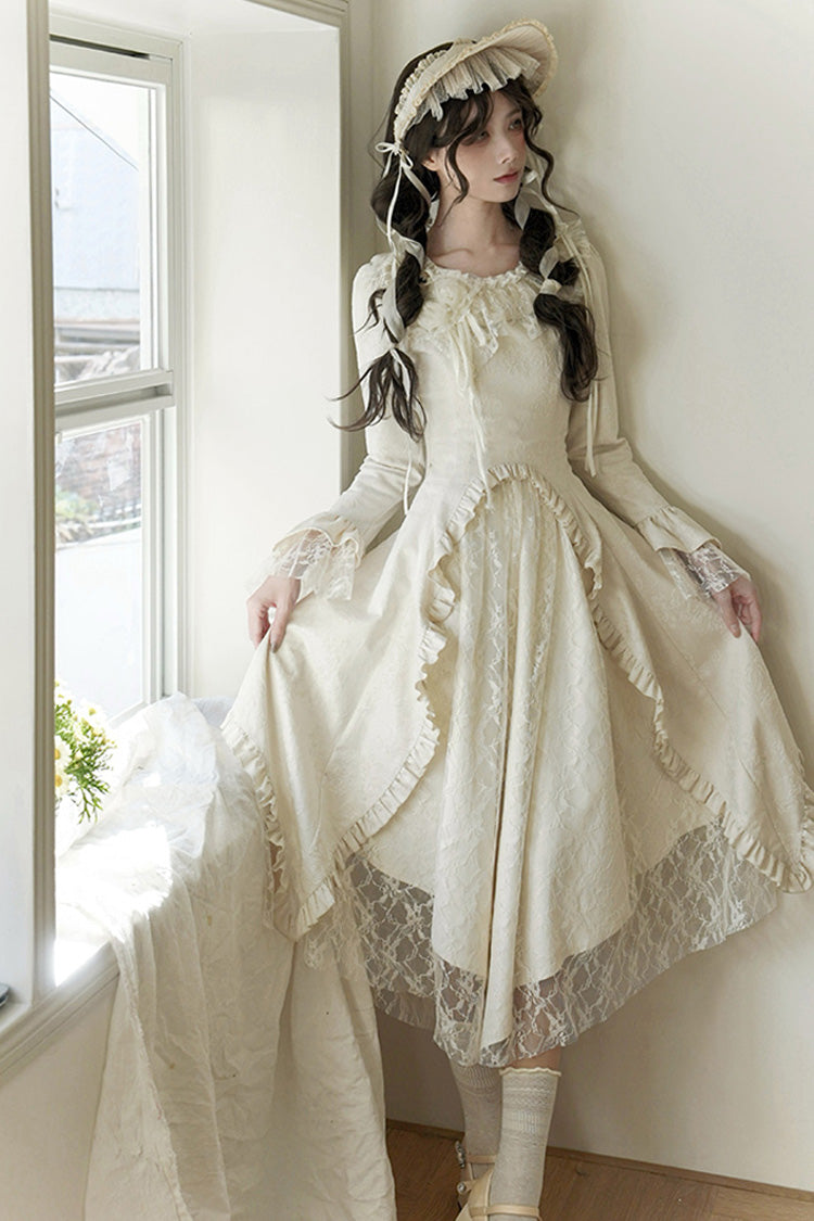 Princess Lace Dress with Ruffle Sleeves in Ivory