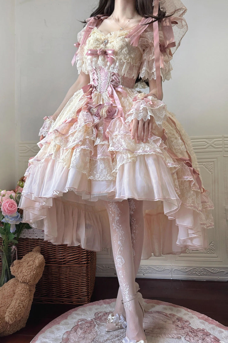 Diane Rose Pink Short Sleeves Multi-Layered Jacquard Ruffle Hanayome Cardigan Bowknot Lace Sweet Dress