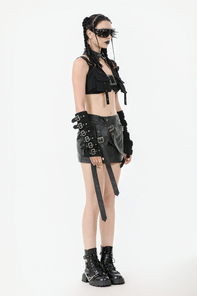Functional Black Buckled Halter Punk Utility Vest