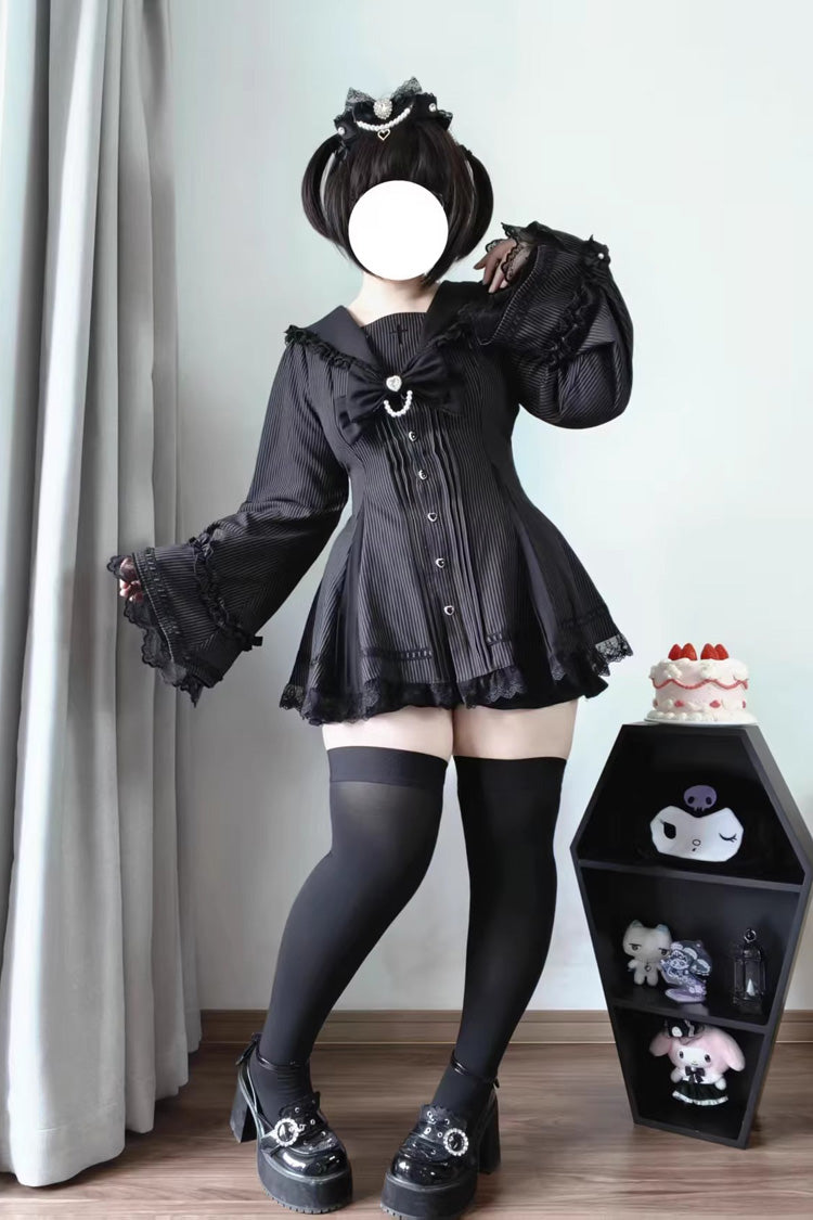 Sweet Square-Collar Bow Lace Pearl Jirai Kei Dress & Short Set