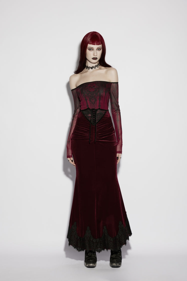 Scarlet Lace Velvet Pleated Gothic Mermaid Skirt