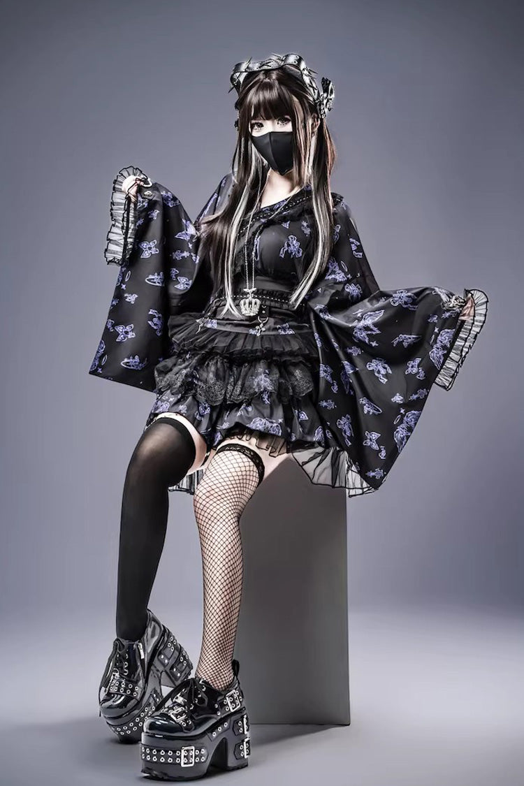 Studded Ruffled Lace Print Gothic Jirai Top and Skirt Set in Three Shades